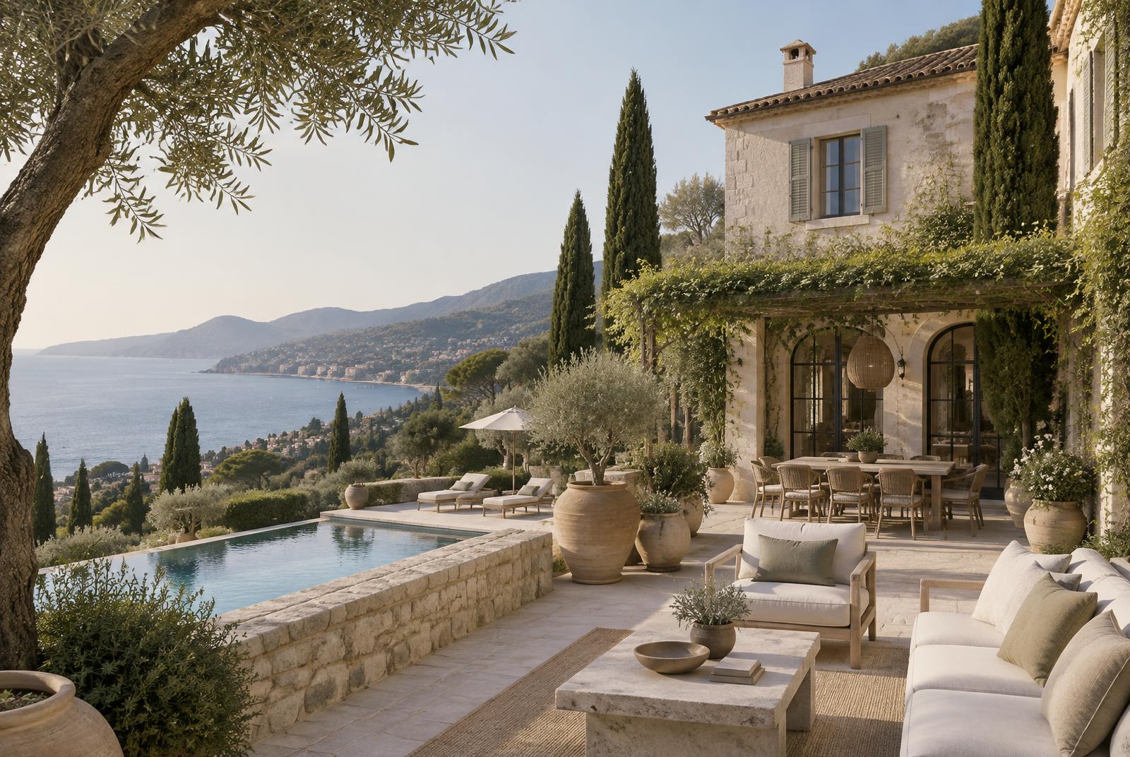 Mediterranean stone villa, olive trees, pool and sea view