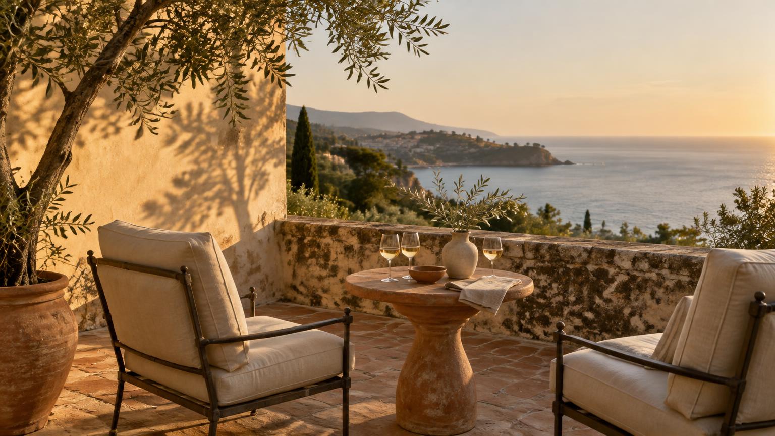 A sunlit terrace facing the Mediterranean, two linen armchairs and a terracotta table.