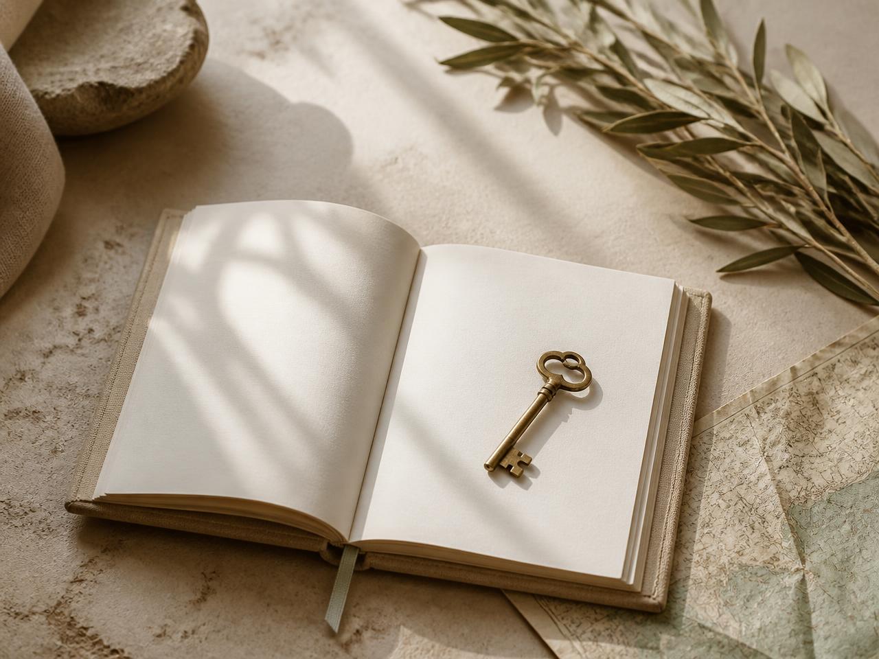 Linen notebook, brass key and olive branch on a stone table