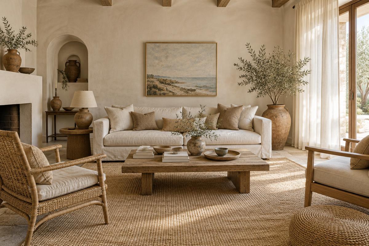 Timeless Mediterranean living room, linen, terracotta and olive