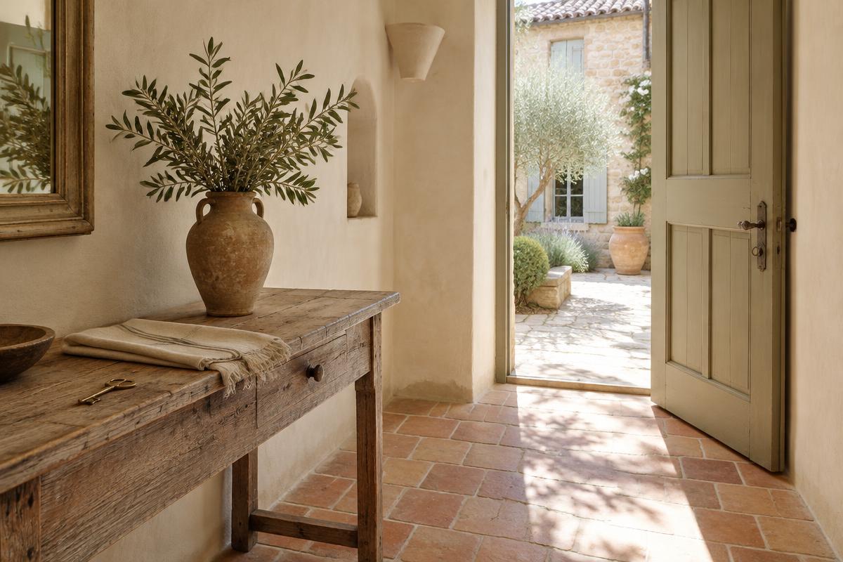 Bright villa entrance, a key resting on a wooden table