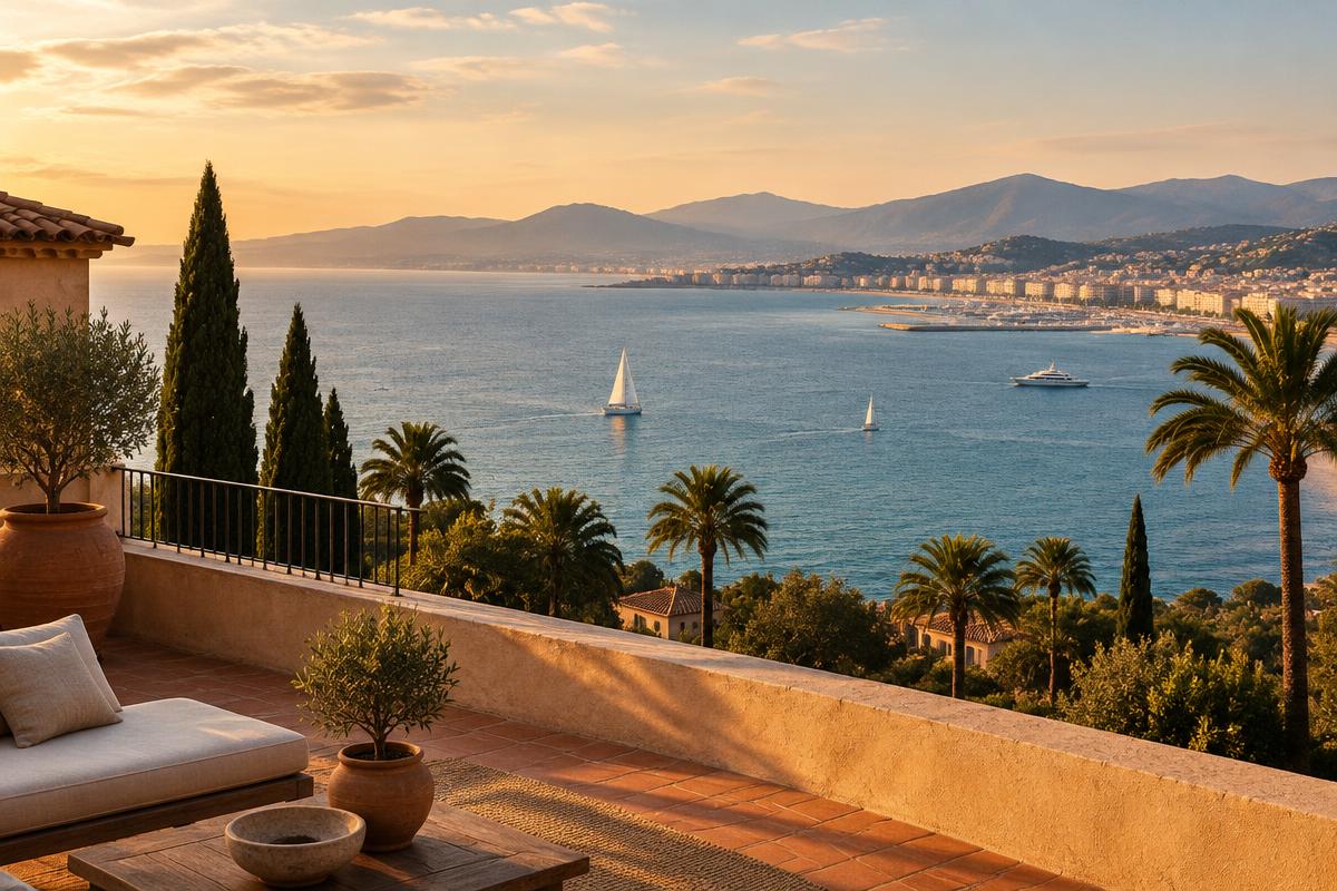 The Bay of Cannes at golden hour, sailboats offshore